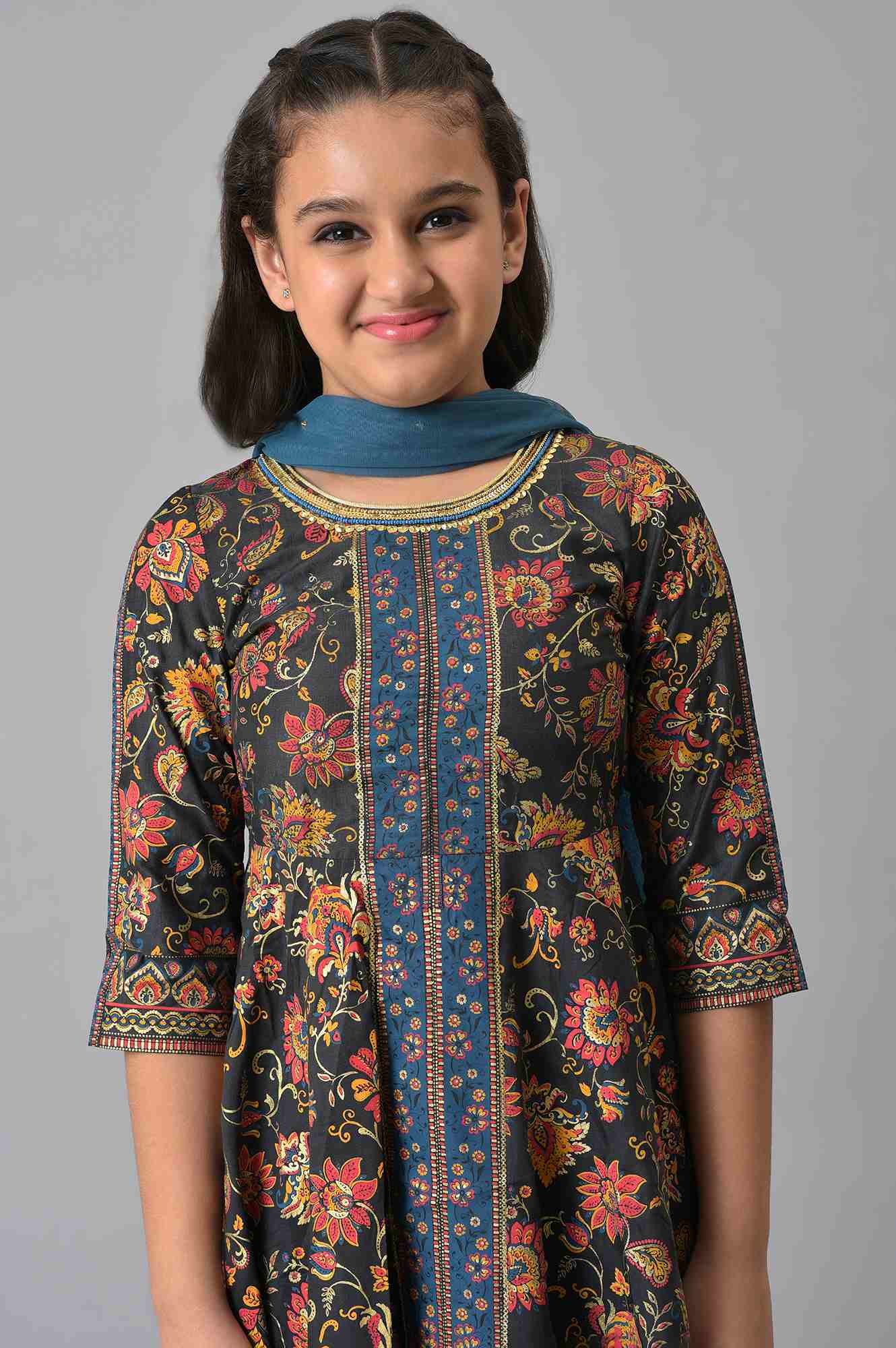 Girls LIVA Grey High-Low kurta with Blue Tights and Dupatta Set