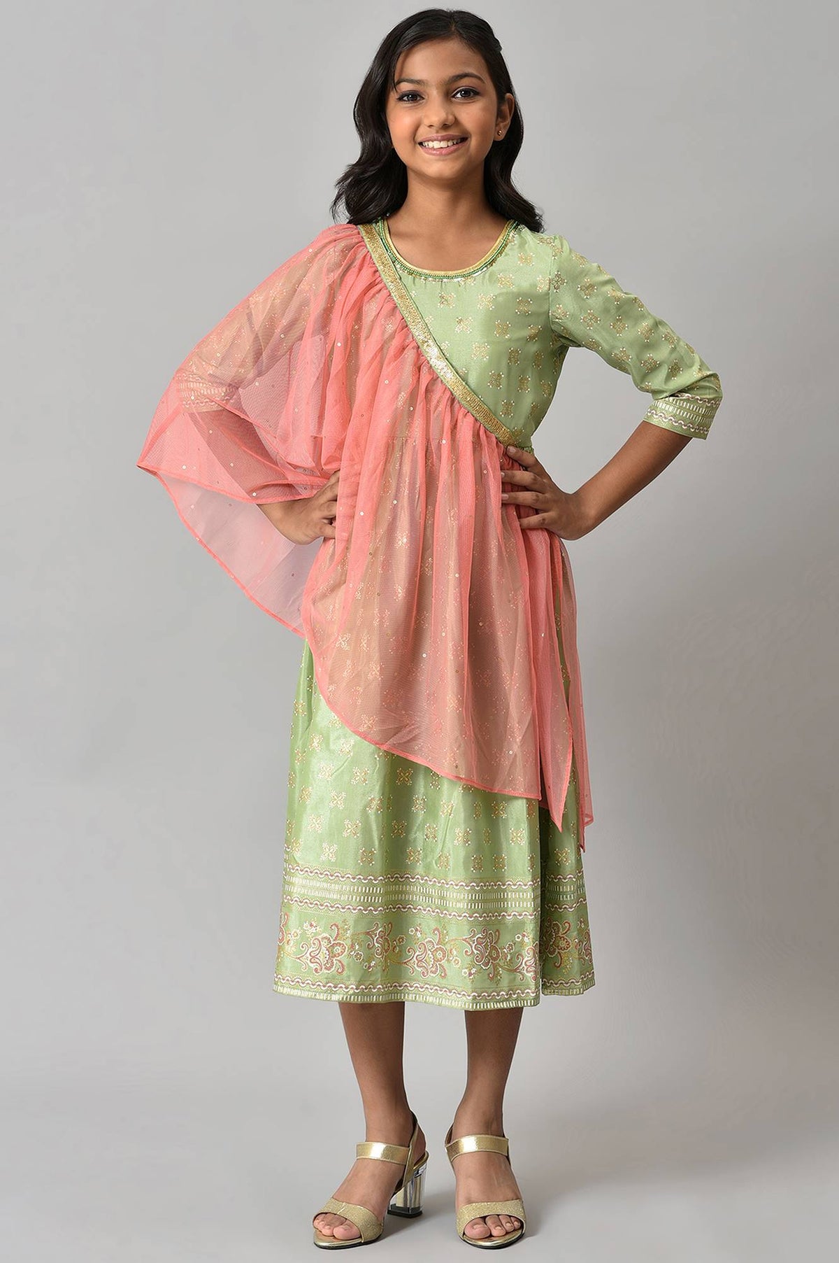 Girls Green Floral Printed Dress With Dupatta - 4-5