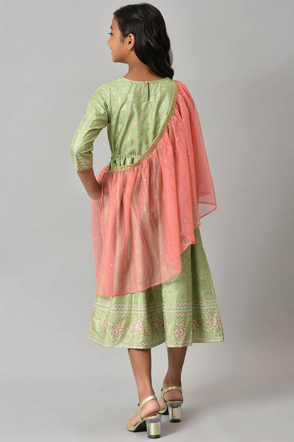 Girls Green Floral Printed Dress With Dupatta