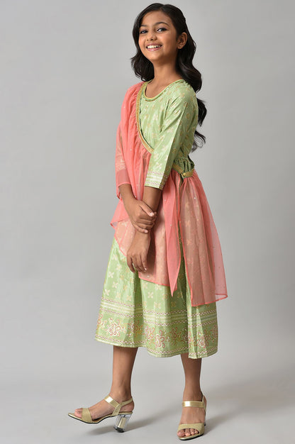 Girls Green Floral Printed Dress With Dupatta