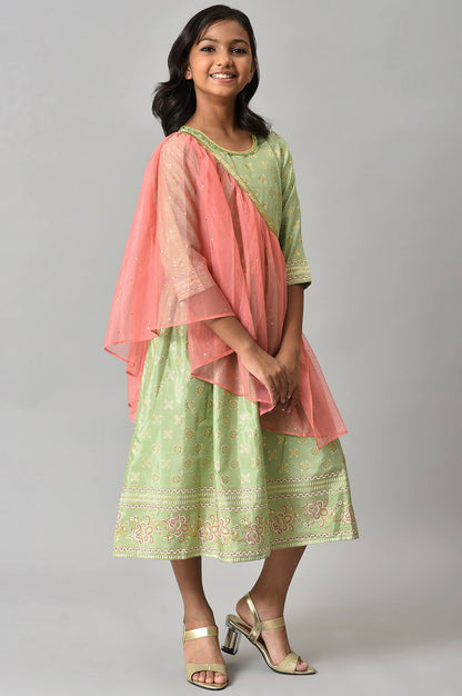 Girls Green Floral Printed Dress With Dupatta