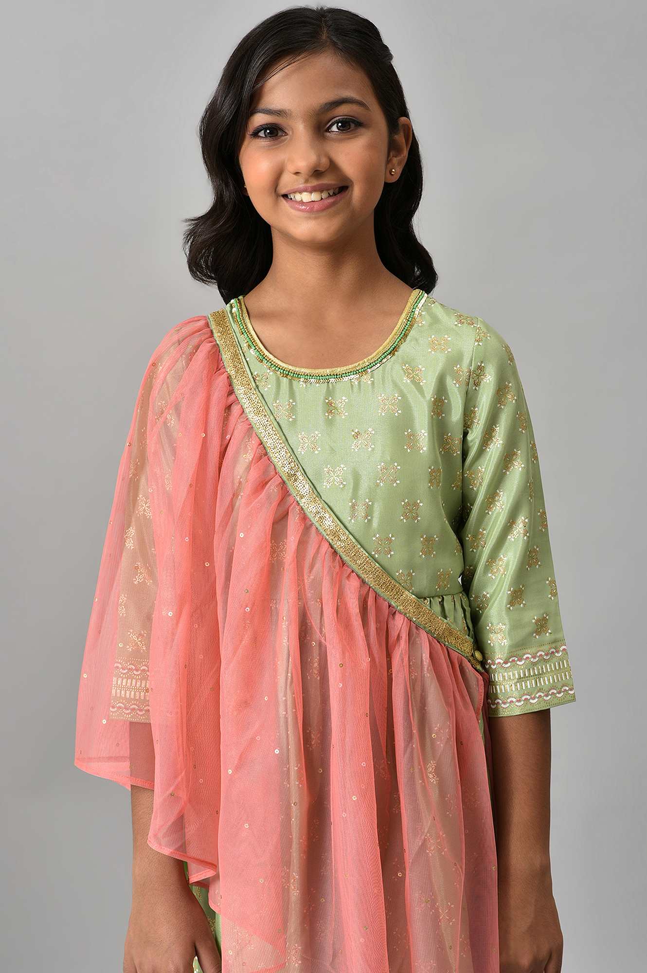 Girls Green Floral Printed Dress With Dupatta