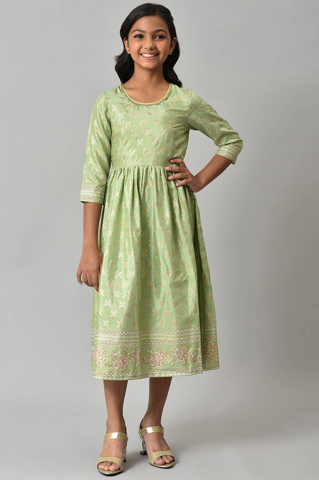 Buy Green Sequined Floral Print Dress with Zari Embroidered
