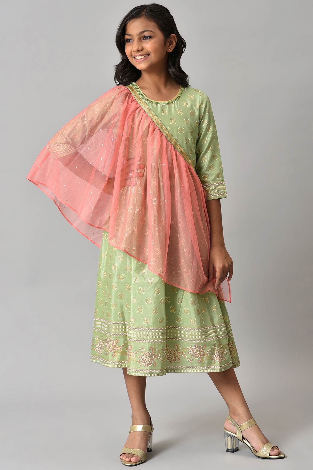 Girls Green Floral Printed Dress With Dupatta