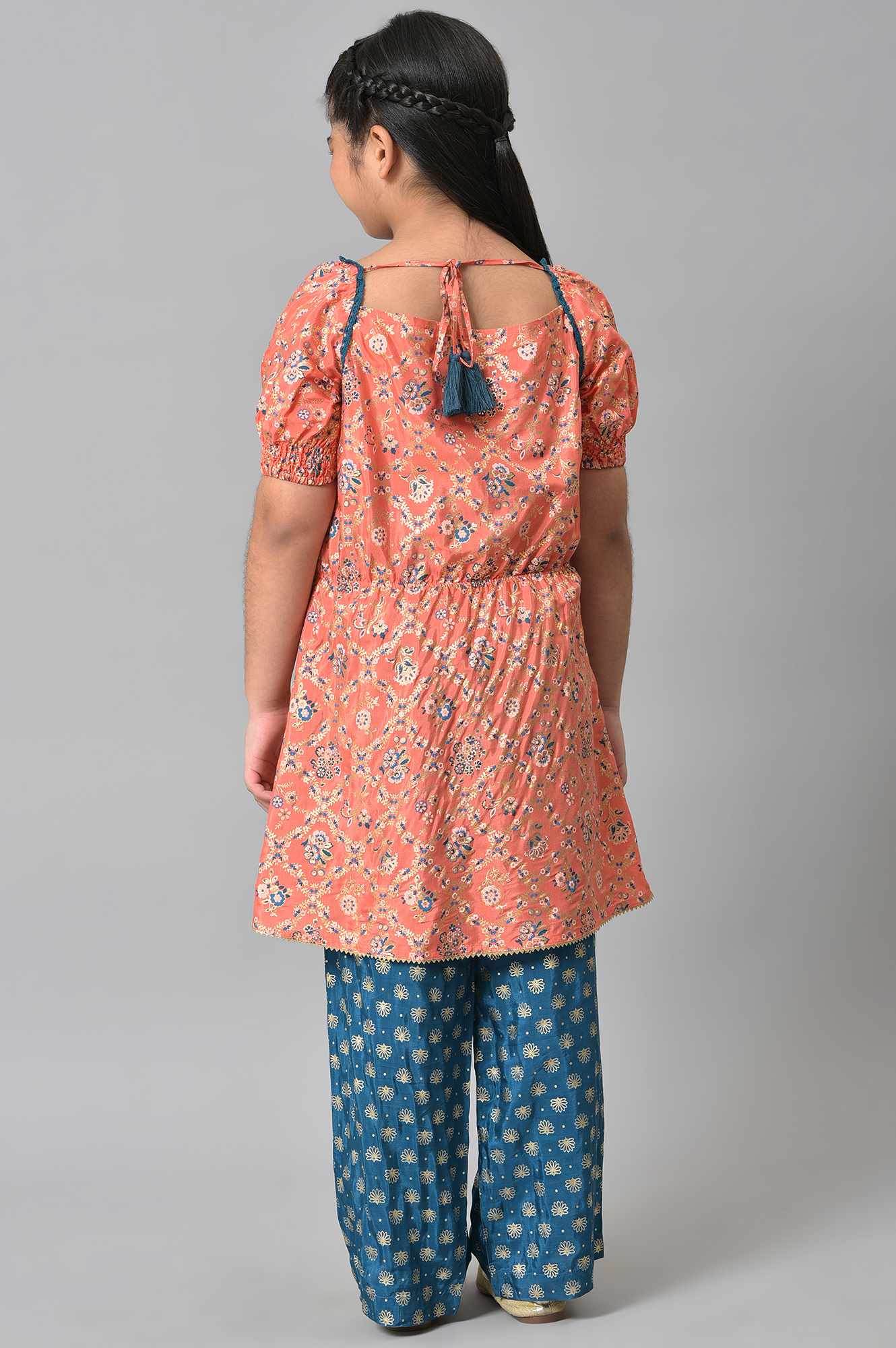 Girls LIVA Peach Floral Foil Print with Blue Straight Palazzo Set