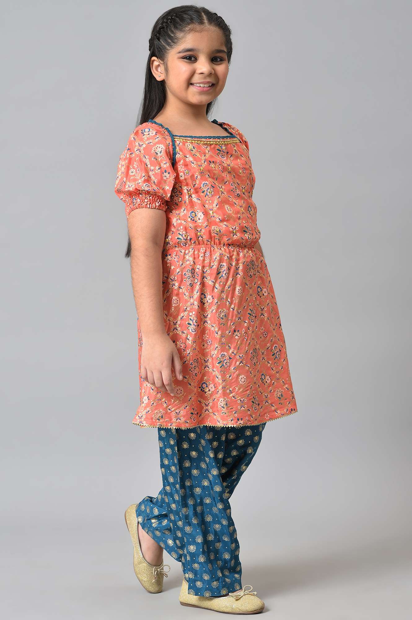 Girls LIVA Peach Floral Foil Print with Blue Straight Palazzo Set