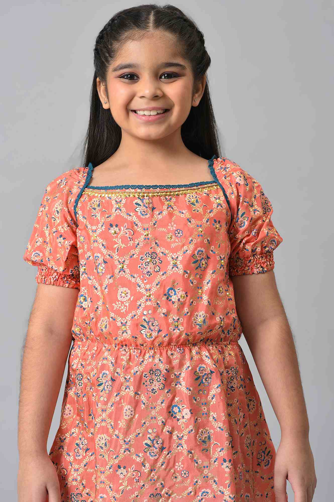 Girls LIVA Peach Floral Foil Print with Blue Straight Palazzo Set