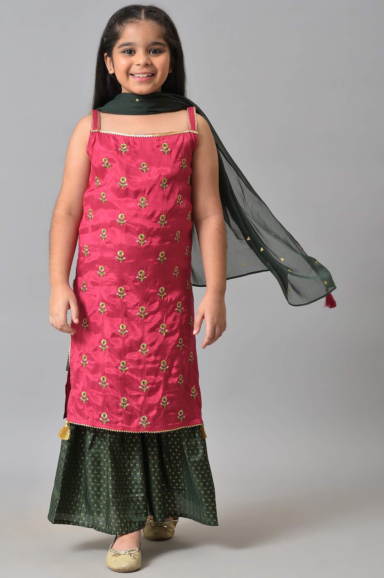 Girls LIVA Pink Zari Embroidered kurta with Green Sharara and Dupatta