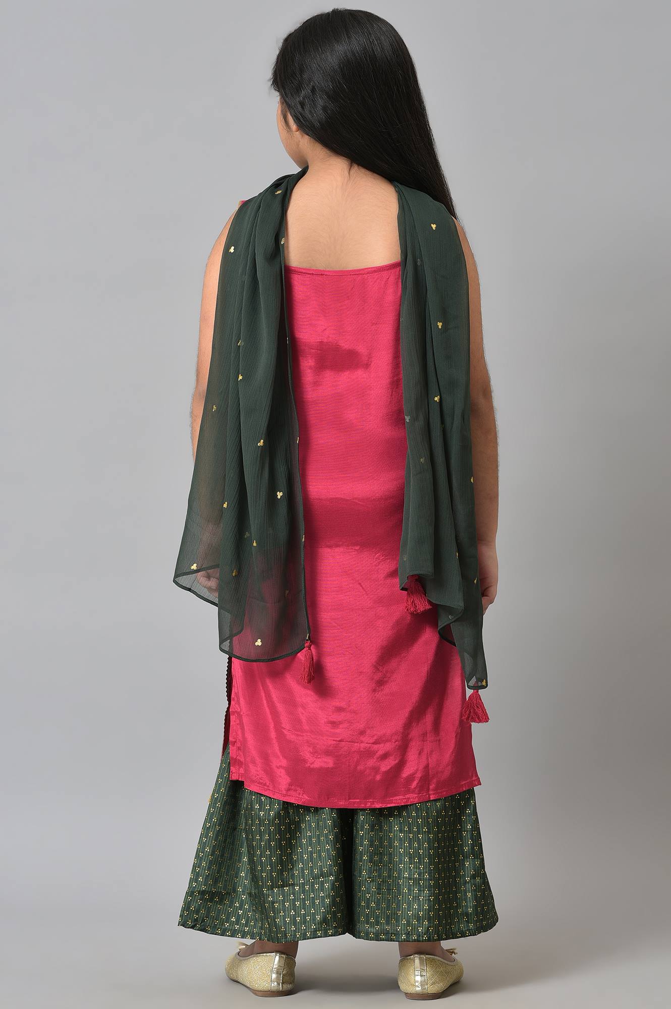 Girls LIVA Pink Zari Embroidered kurta with Green Sharara and Dupatta