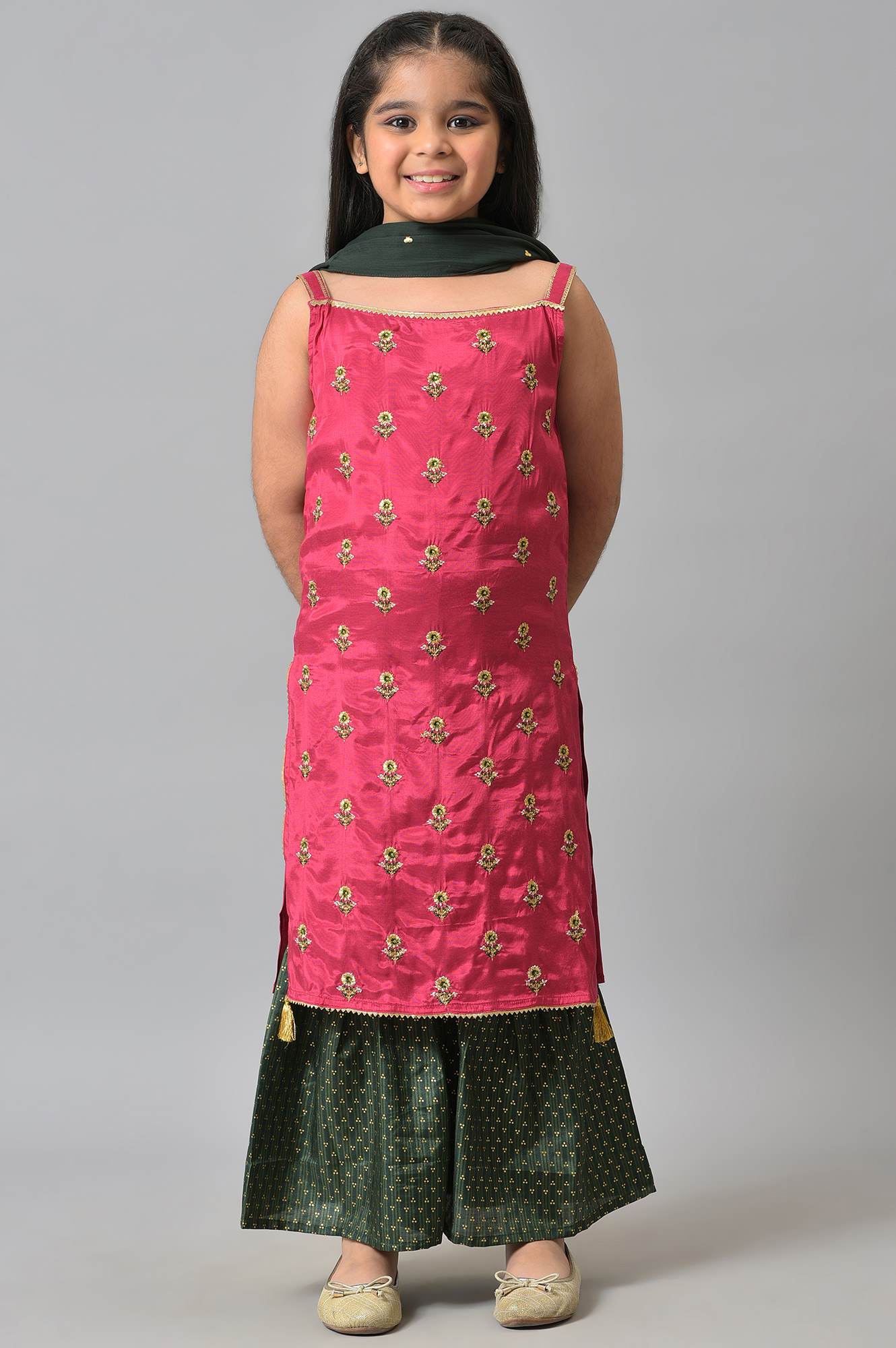 Girls LIVA Pink Zari Embroidered kurta with Green Sharara and Dupatta