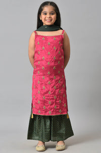 Girls LIVA Pink Zari Embroidered kurta with Green Sharara and Dupatta