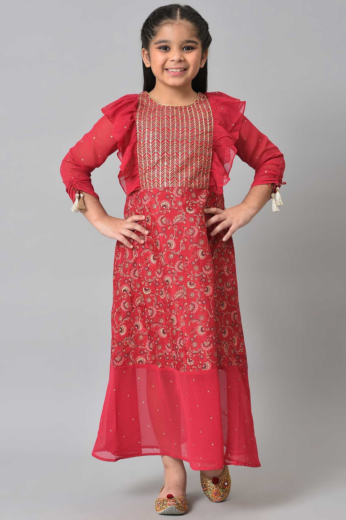 Girls Pink Foil Floral Printed Dress - 08-09