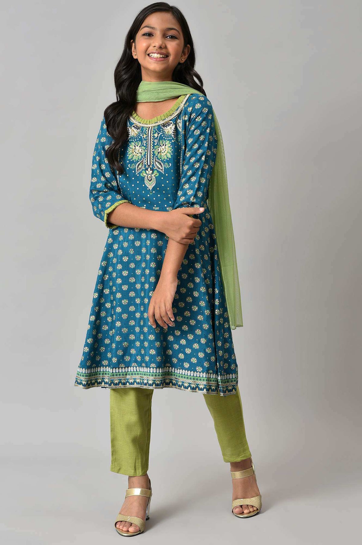 LIVA Girls Blue Floral Printed kurta with Green Trousers and Dupatta - 08-09
