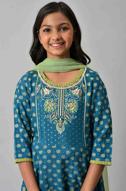 LIVA Girls Blue Floral Printed kurta with Green Trousers and Dupatta