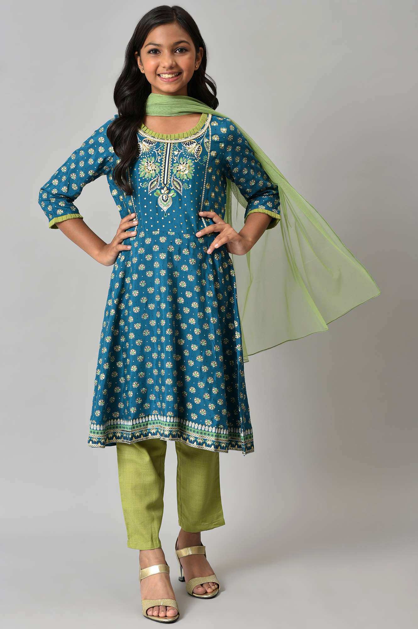 LIVA Girls Blue Floral Printed kurta with Green Trousers and Dupatta