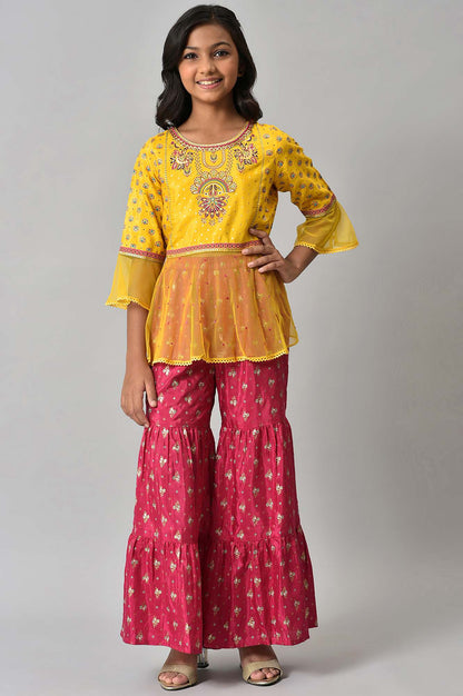 Girls Foil Printed Top With Pink Sharara Set