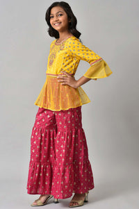 Girls Foil Printed Top With Pink Sharara Set