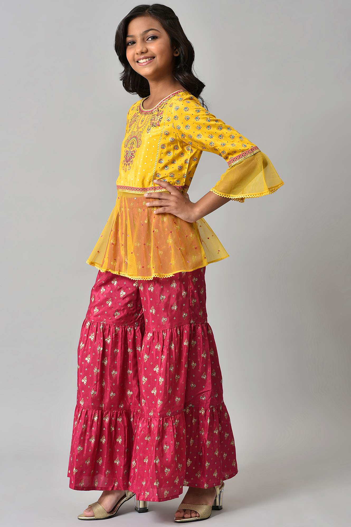 Girls Foil Printed Top With Pink Sharara Set