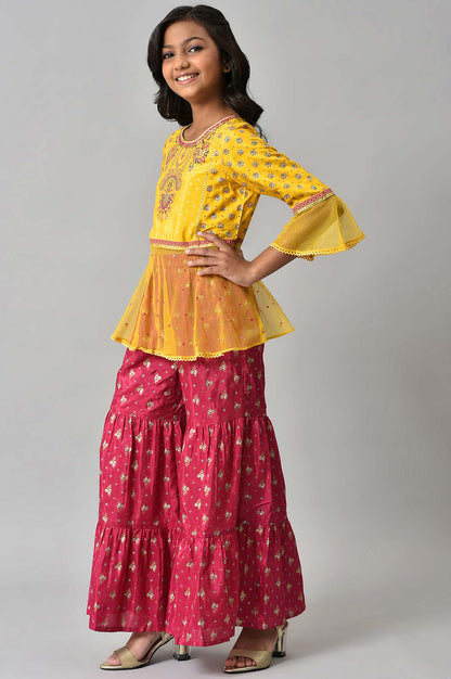 Girls Foil Printed Top With Pink Sharara Set