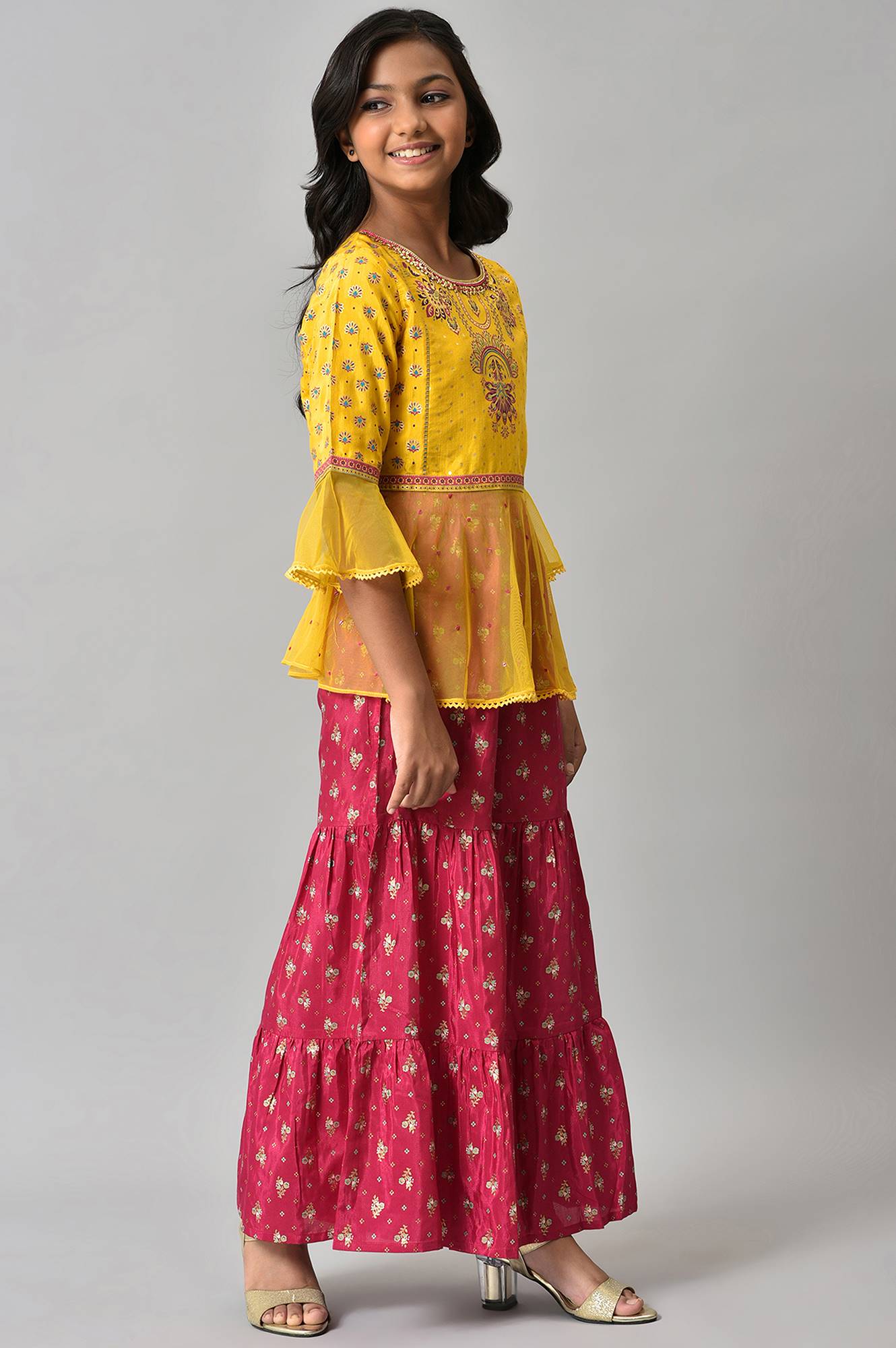 Girls Foil Printed Top With Pink Sharara Set