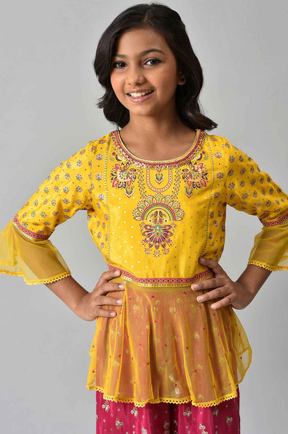 Girls Foil Printed Top With Pink Sharara Set