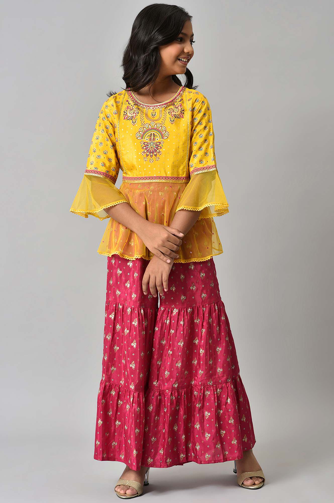 Girls Foil Printed Top With Pink Sharara Set