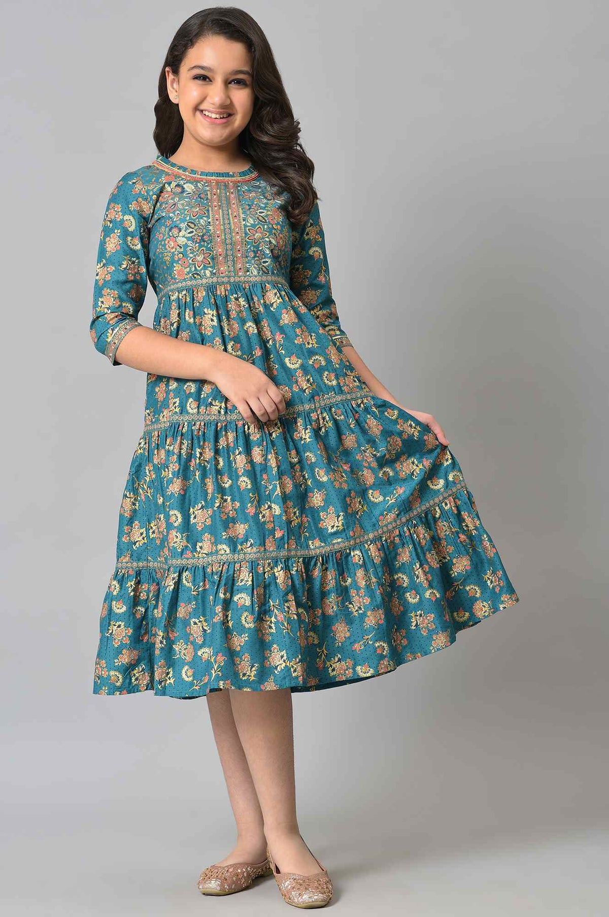 Girls Green Foil Floral Printed Tiered Dress - 08-09