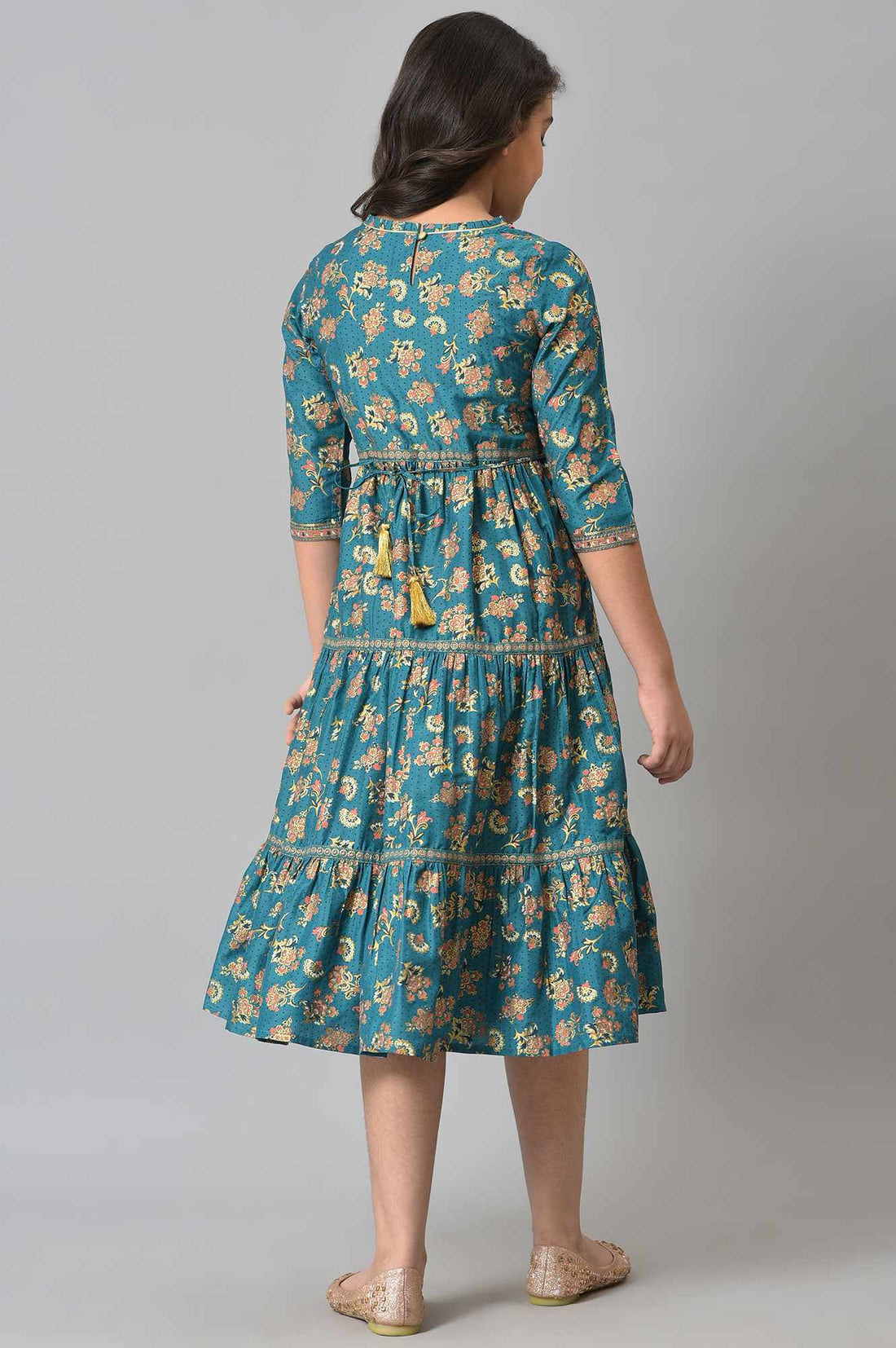 Girls Green Foil Floral Printed Tiered Dress