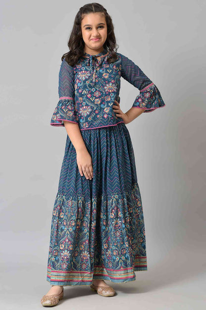 Girls Blue Floral Printed Top With Tiered Skirt