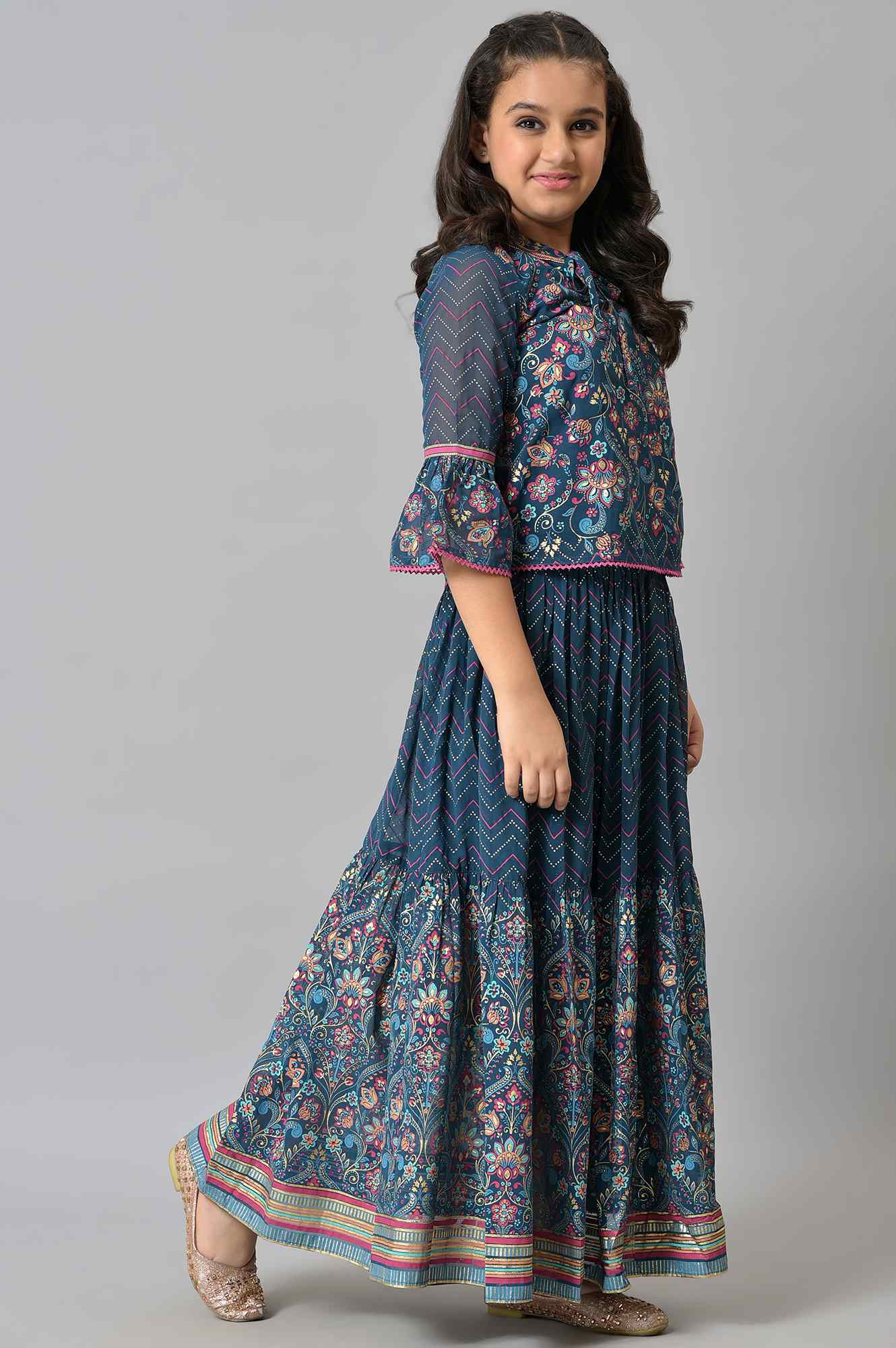 Girls Blue Floral Printed Top With Tiered Skirt