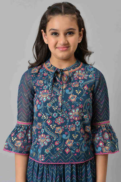 Girls Blue Floral Printed Top With Tiered Skirt