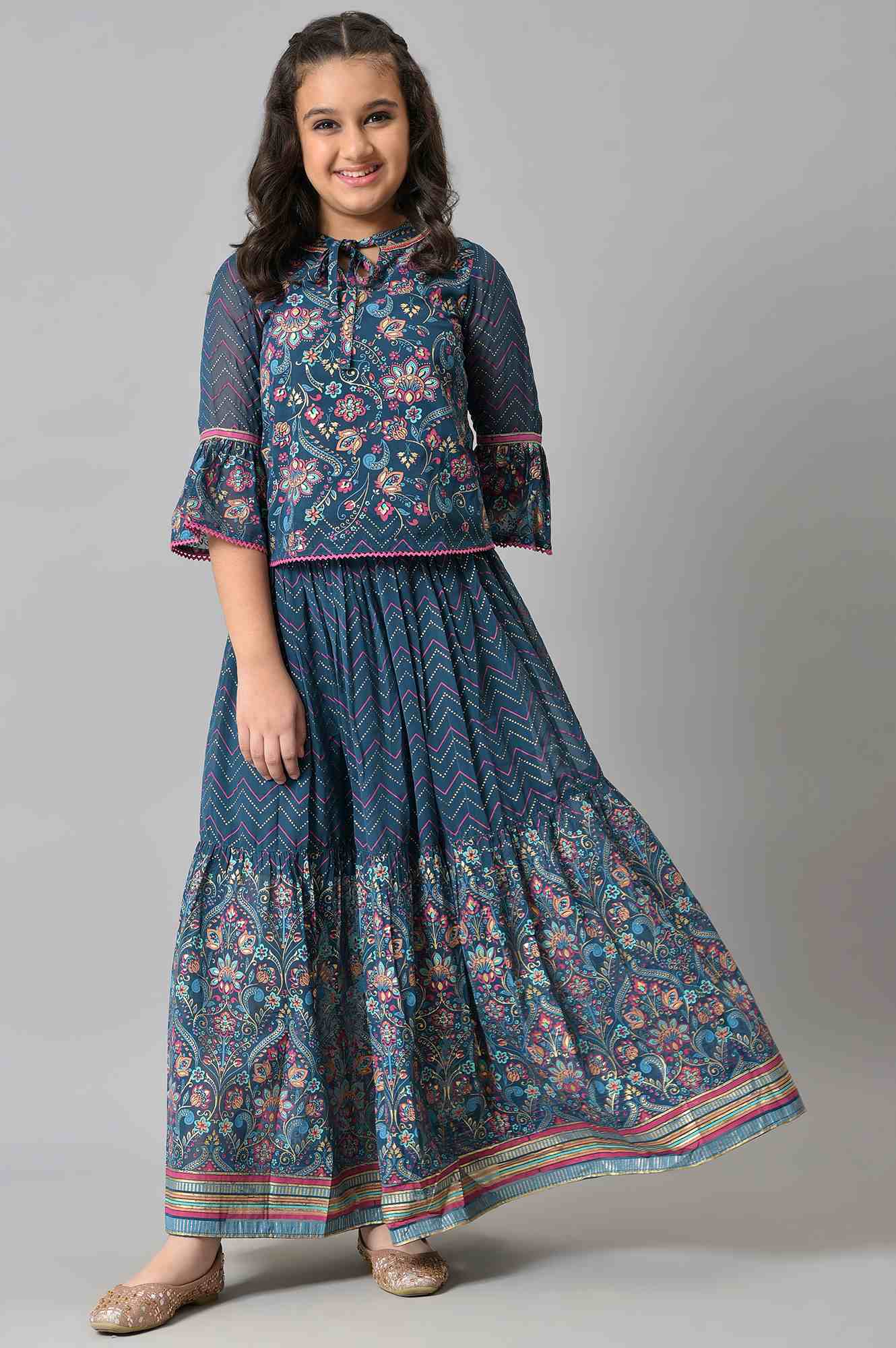 Girls Indigo Blue Printed Top With Tiered Skirt