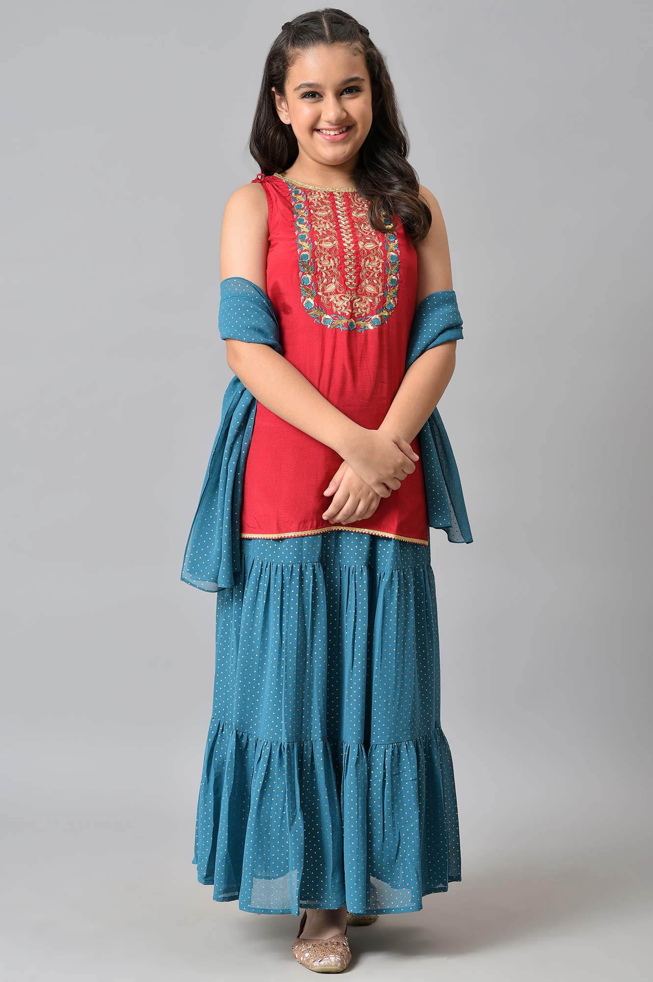 Girls Red Embroidered kurta With Blue Skirt And Dupatta