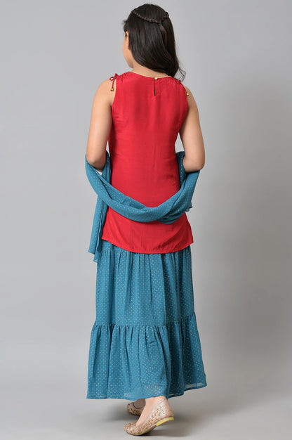 Girls Red Embroidered kurta With Blue Skirt And Dupatta