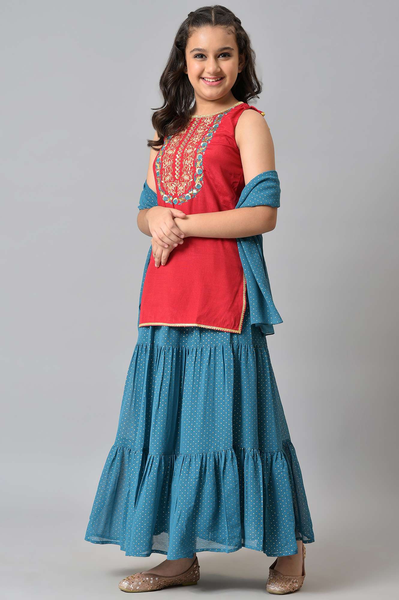 Girls Red Embroidered kurta With Blue Skirt And Dupatta