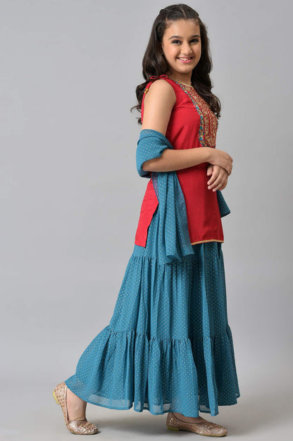 Girls Red Embroidered kurta With Blue Skirt And Dupatta