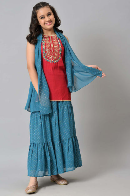 Girls Red Embroidered kurta With Blue Skirt And Dupatta