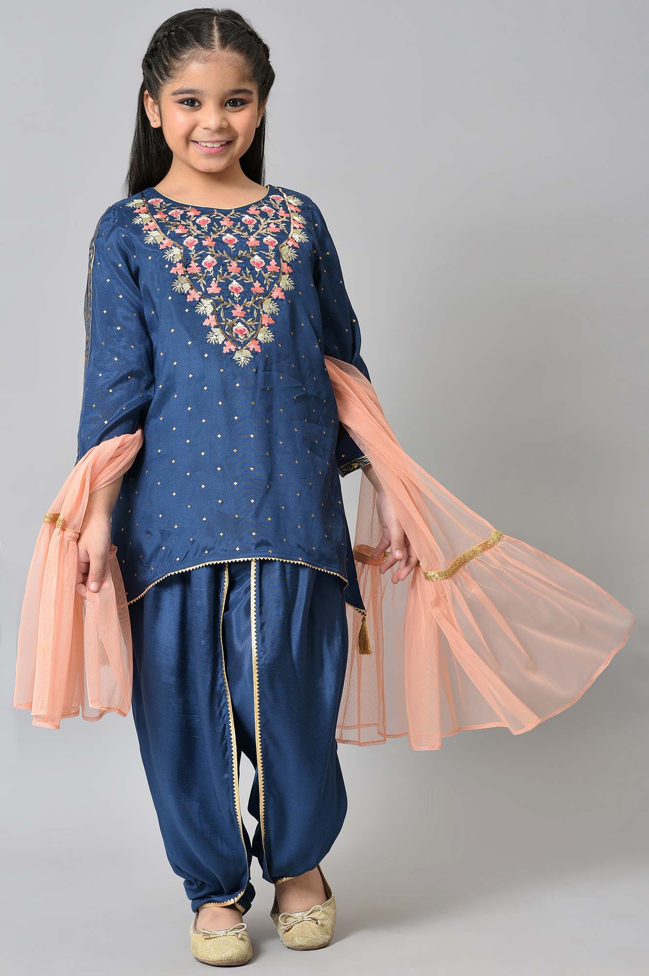 Girls Liva Blue Embroidered kurta With Dhoti Pants And Peach Dupatta