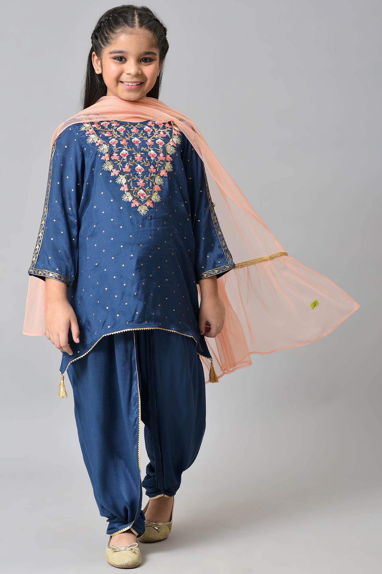 Girls Liva Blue Embroidered kurta With Dhoti Pants And Peach Dupatta