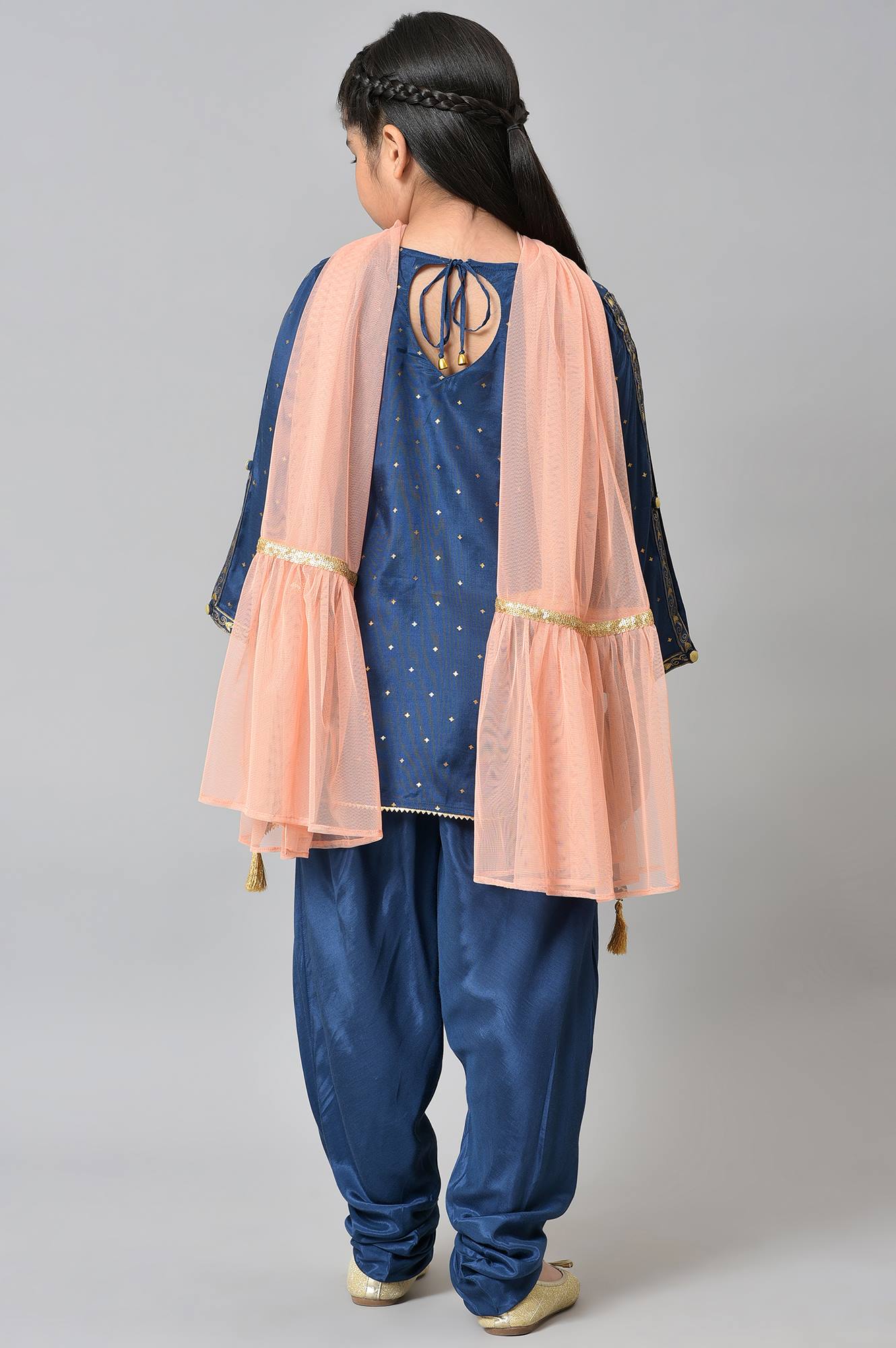 Girls Liva Blue Embroidered kurta With Dhoti Pants And Peach Dupatta