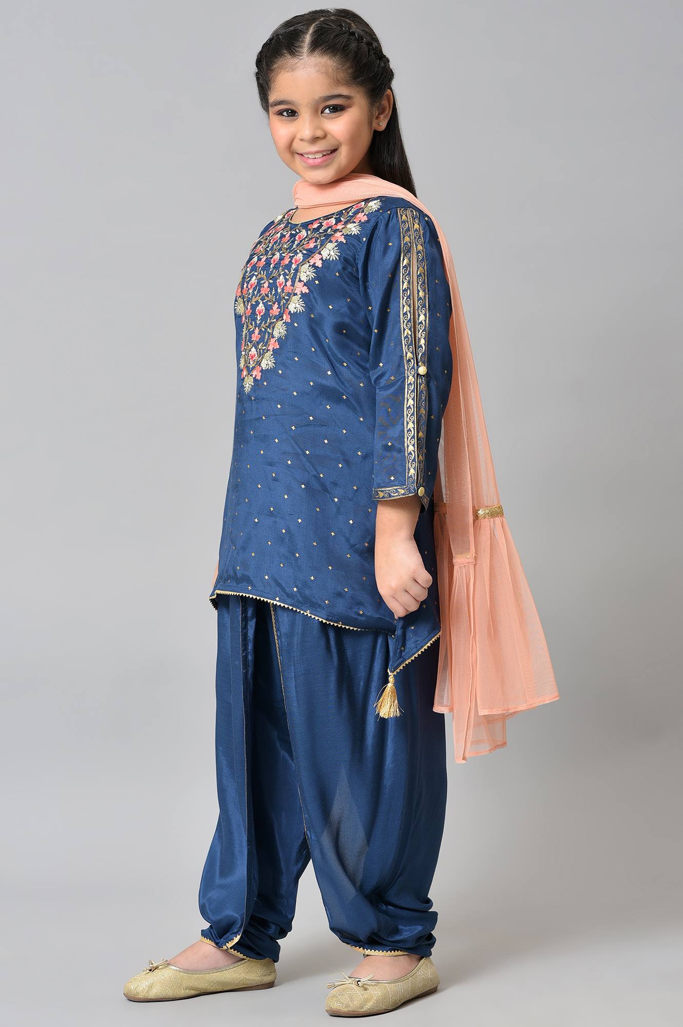 Girls Liva Blue Embroidered kurta With Dhoti Pants And Peach Dupatta