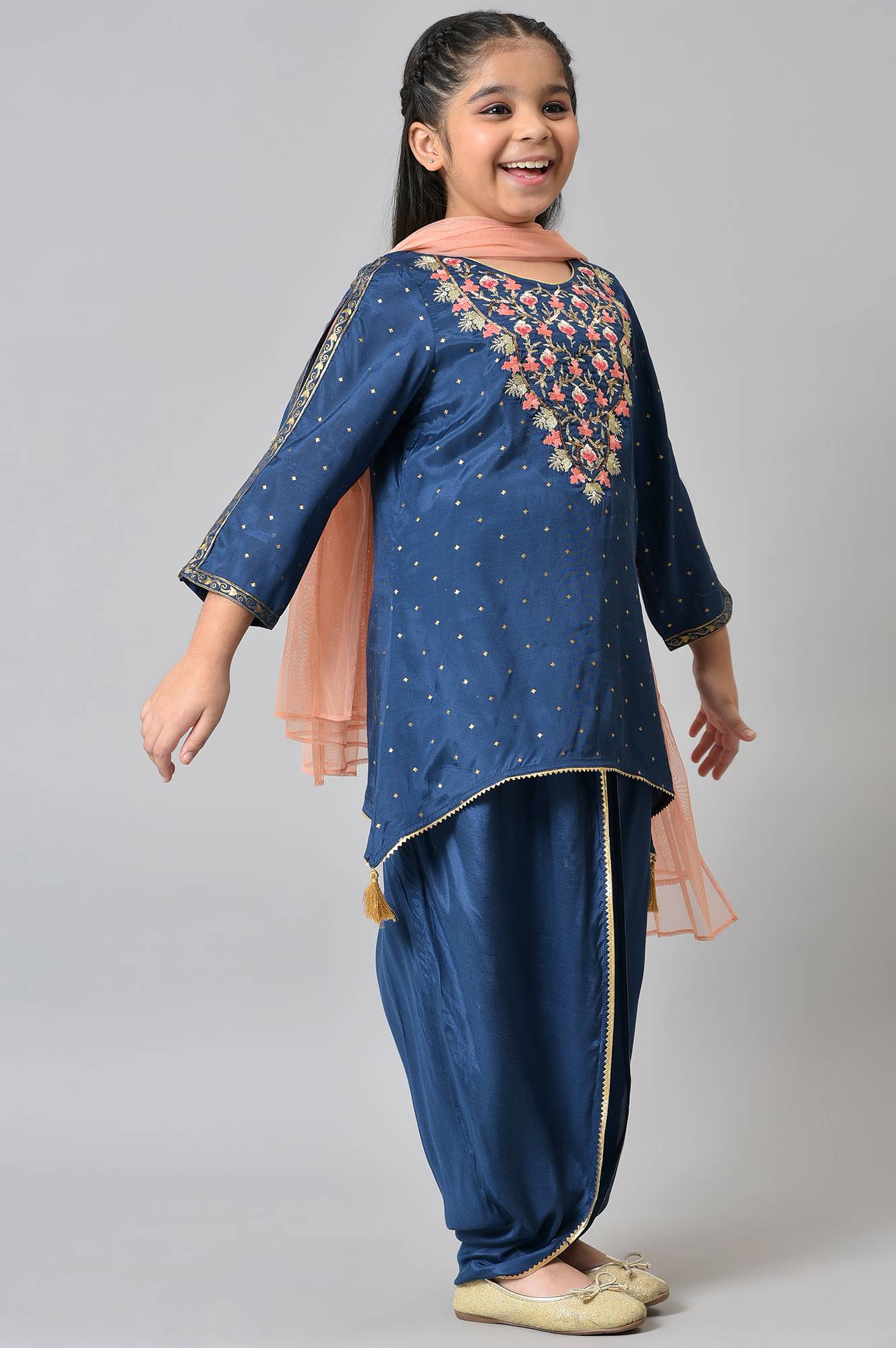 Girls Liva Blue Embroidered kurta With Dhoti Pants And Peach Dupatta