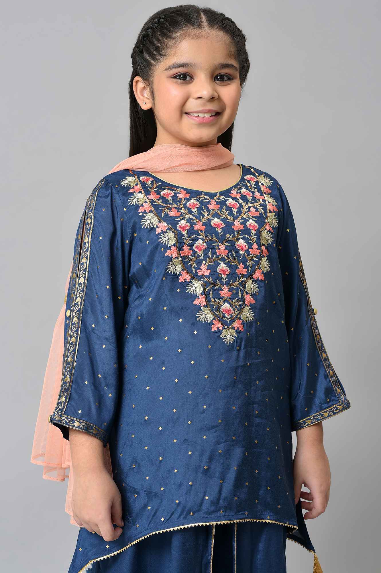 Girls Liva Blue Embroidered kurta With Dhoti Pants And Peach Dupatta