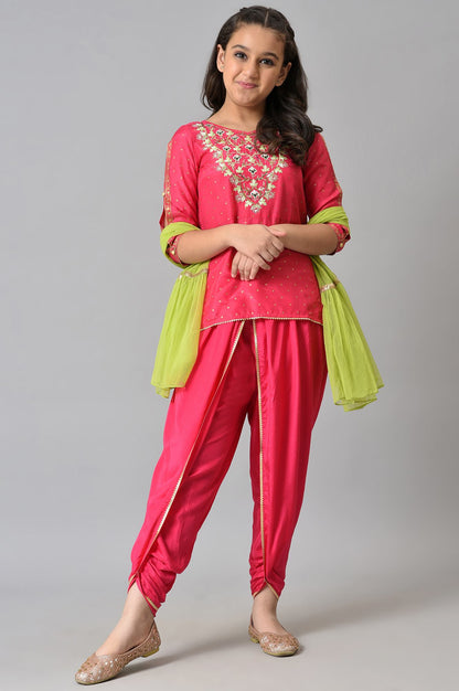 Girls Liva Pink Embroidered kurta With Dhoti Pants And Green Dupatta