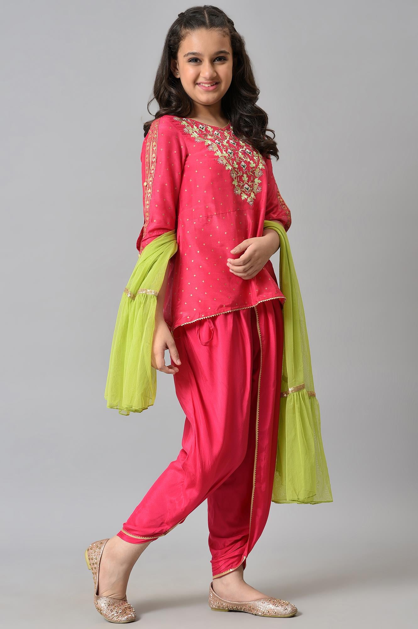 Girls Liva Pink Embroidered kurta With Dhoti Pants And Green Dupatta