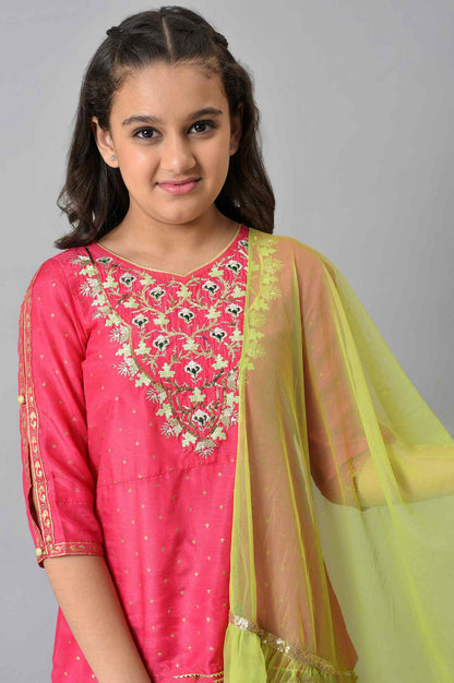 Girls Liva Pink Embroidered kurta With Dhoti Pants And Green Dupatta