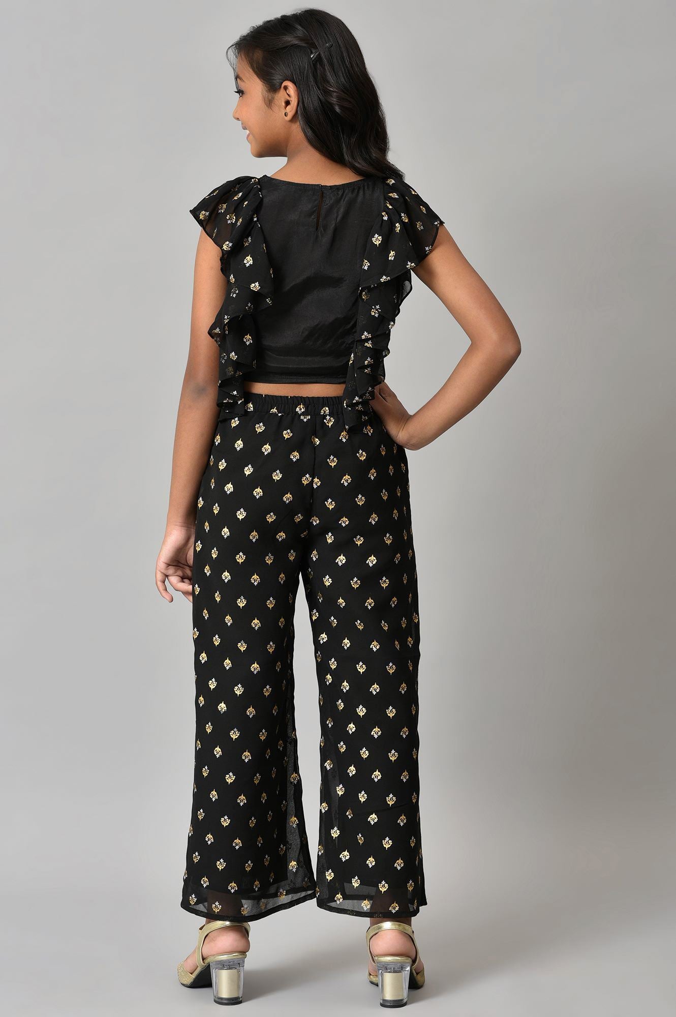 Girls Black Embroidered Ruffled Top And Palazzos Set