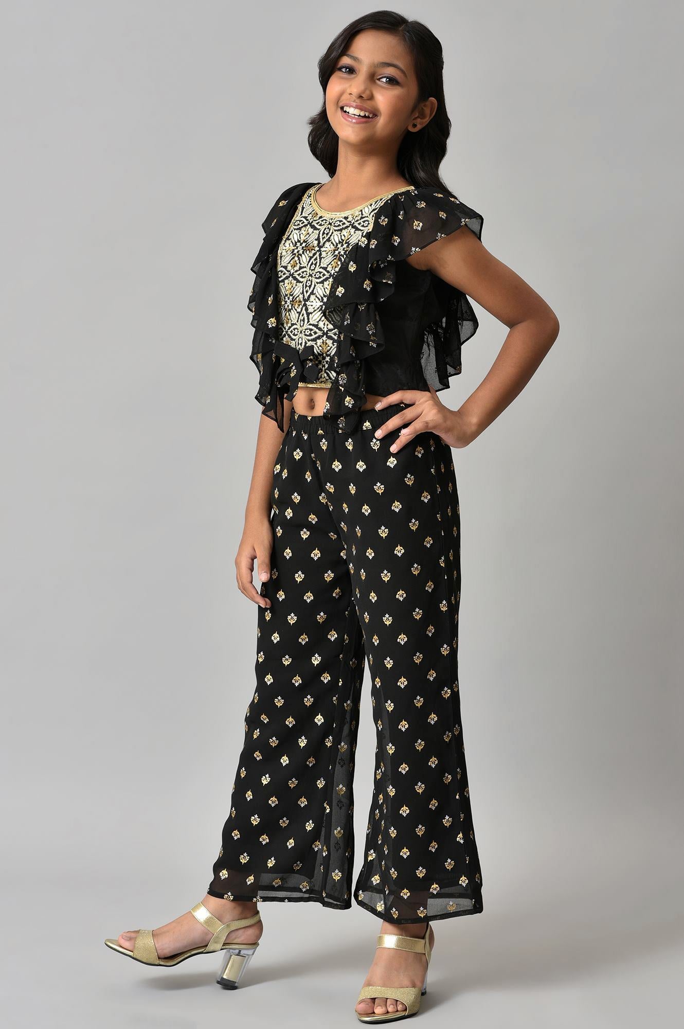 Girls Black Embroidered Ruffled Top And Palazzos Set