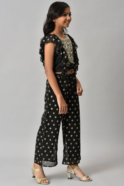 Girls Black Embroidered Ruffled Top And Palazzos Set