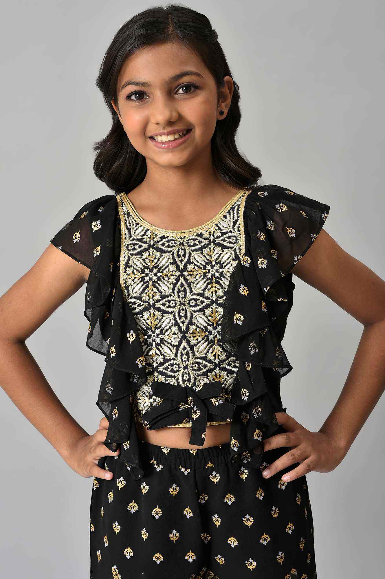 Girls Black Embroidered Ruffled Top And Palazzos Set